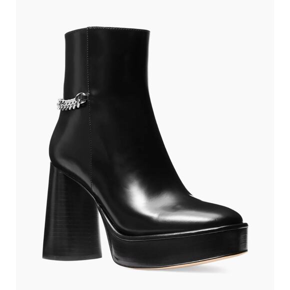 Michael Kors NWT Carlisle Platform Boots Black Leather Size 8.5 Silver Chain - Picture 4 of 7